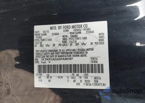 2010 Ford Ranger Xl/Xlt z USA, uszkodzony, nr VIN 1FTKR1AD2APA58187